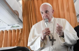 Pope Francis speaks during an in-flight press conference from Slovakia, Sept. 15, 2021 Vatican Media.